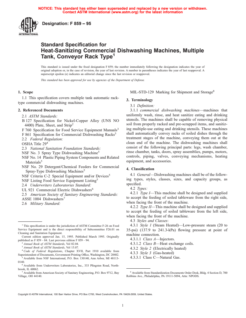 ASTM F859-95 - Standard Specification for Heat-Sanitizing Commercial Dishwashing Machines, Multiple Tank, Conveyor Rack Type