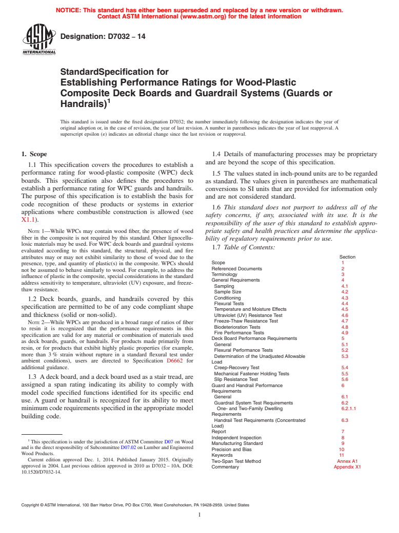 ASTM D7032-14 - Standard Specification for  Establishing Performance Ratings for Wood-Plastic Composite    Deck Boards and Guardrail Systems (Guards or Handrails)