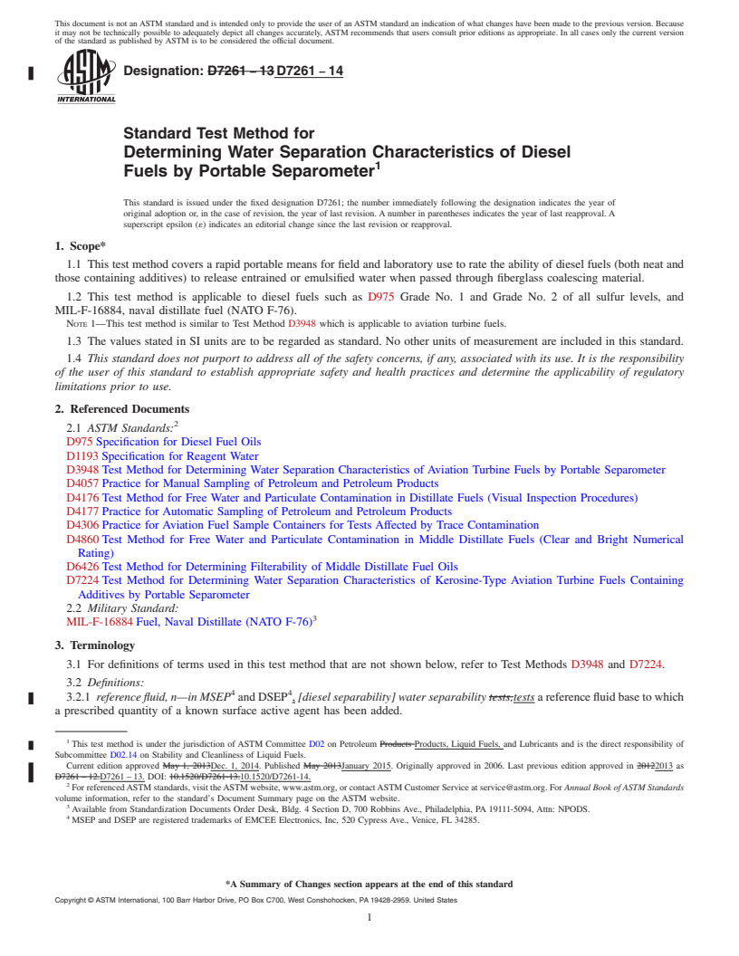 REDLINE ASTM D7261-14 - Standard Test Method for Determining Water Separation Characteristics of Diesel Fuels  by Portable Separometer