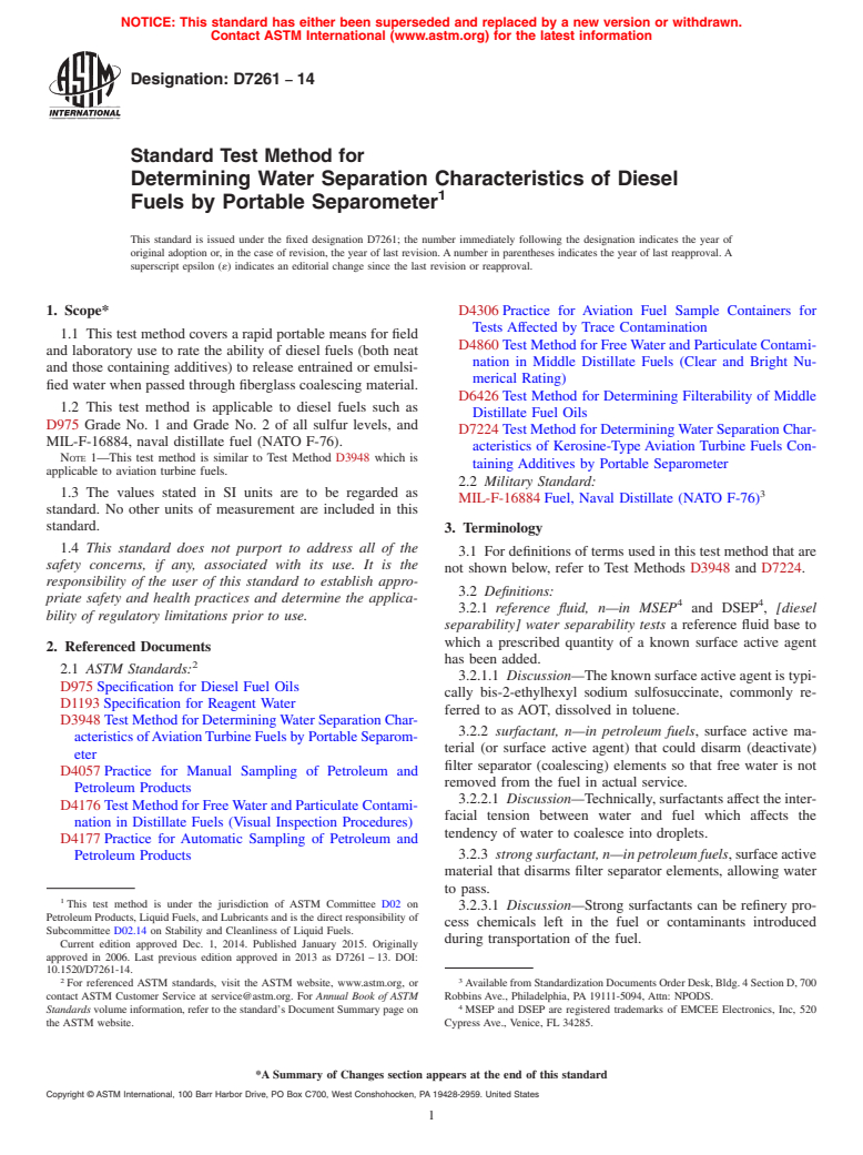 ASTM D7261-14 - Standard Test Method for Determining Water Separation Characteristics of Diesel Fuels  by Portable Separometer