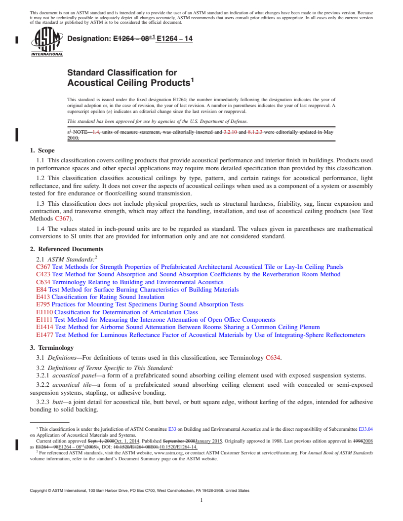 REDLINE ASTM E1264-14 - Standard Classification for  Acoustical Ceiling Products