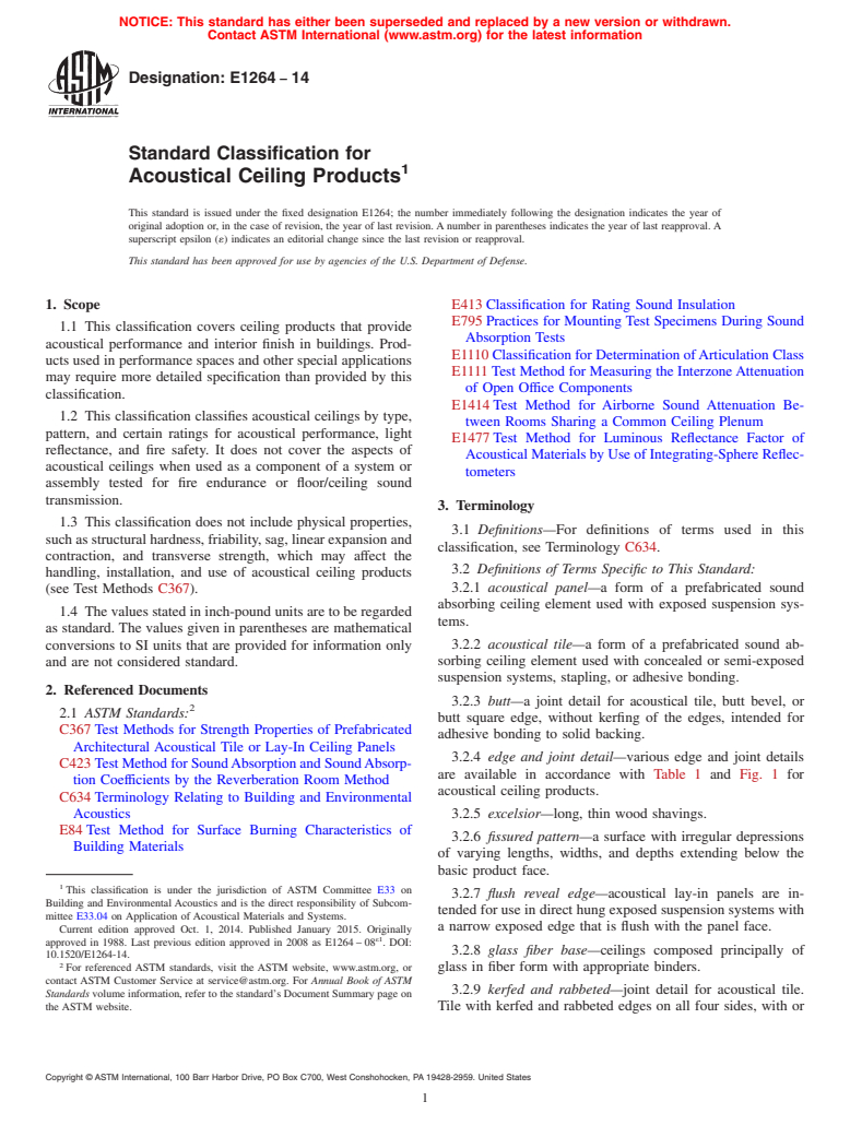 ASTM E1264-14 - Standard Classification for  Acoustical Ceiling Products