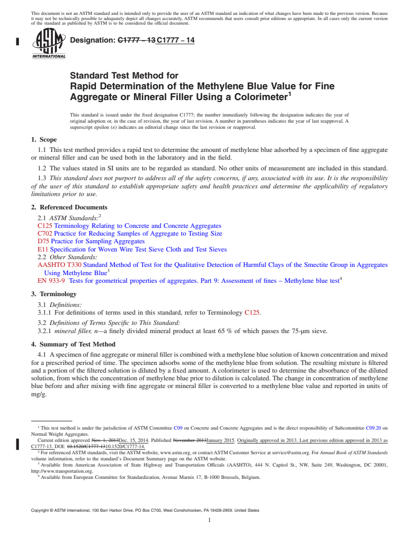 REDLINE ASTM C1777-14 - Standard Test Method for Rapid Determination of the Methylene Blue Value for Fine Aggregate  or Mineral Filler Using a Colorimeter