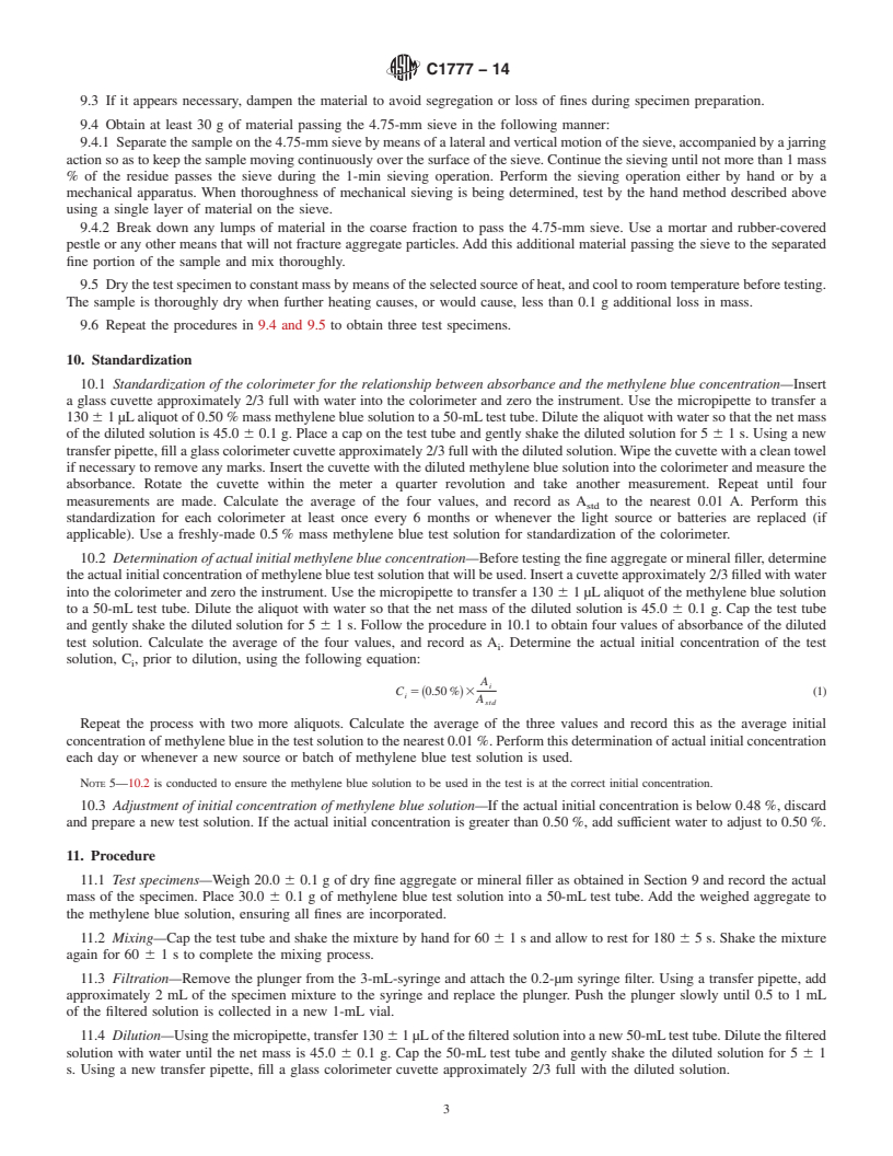 REDLINE ASTM C1777-14 - Standard Test Method for Rapid Determination of the Methylene Blue Value for Fine Aggregate  or Mineral Filler Using a Colorimeter