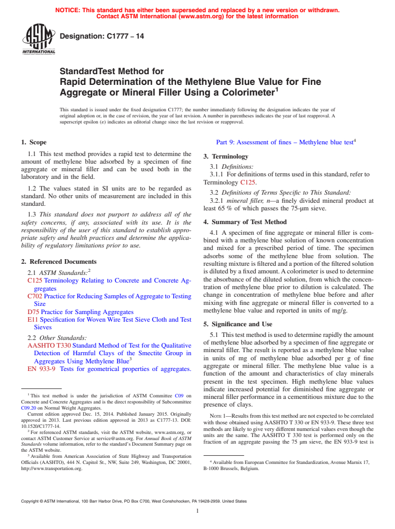 ASTM C1777-14 - Standard Test Method for Rapid Determination of the Methylene Blue Value for Fine Aggregate  or Mineral Filler Using a Colorimeter