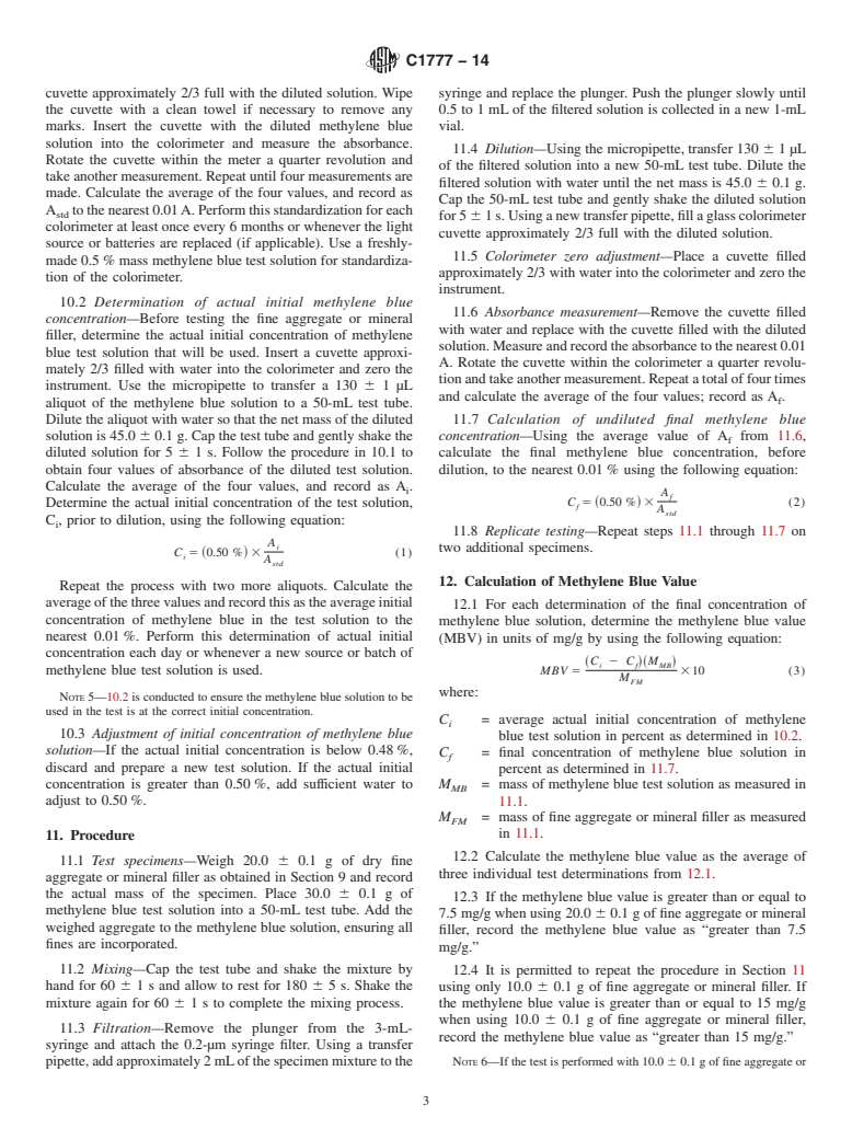 ASTM C1777-14 - Standard Test Method for Rapid Determination of the Methylene Blue Value for Fine Aggregate  or Mineral Filler Using a Colorimeter