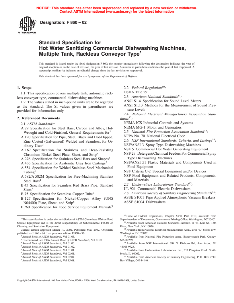 ASTM F860-02 - Standard Specification for Hot Water Sanitizing Commercial Dishwashing Machines, Multiple Tank, Rackless Conveyor Type
