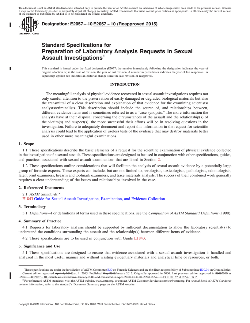 REDLINE ASTM E2057-10(2015) - Standard Specifications for  Preparation of Laboratory Analysis Requests in Sexual Assault  Investigations