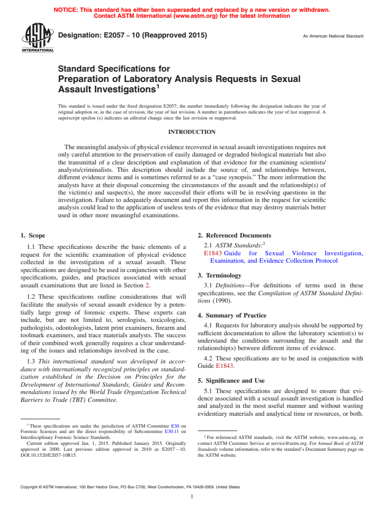 ASTM E2057-10(2015) - Standard Specifications for  Preparation of Laboratory Analysis Requests in Sexual Assault  Investigations