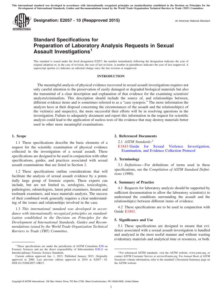 ASTM E2057-10(2015) - Standard Specifications for  Preparation of Laboratory Analysis Requests in Sexual Assault  Investigations