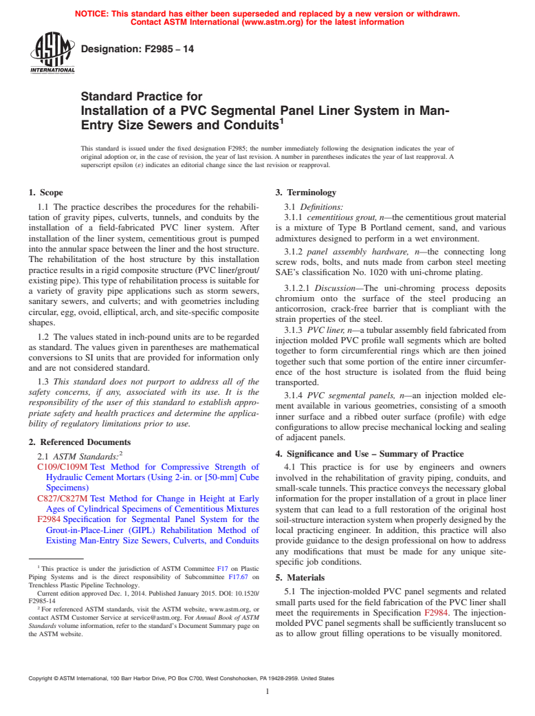 ASTM F2985-14 - Standard Practice for Installation of a PVC Segmental Panel Liner System in Man-Entry  Size Sewers and Conduits