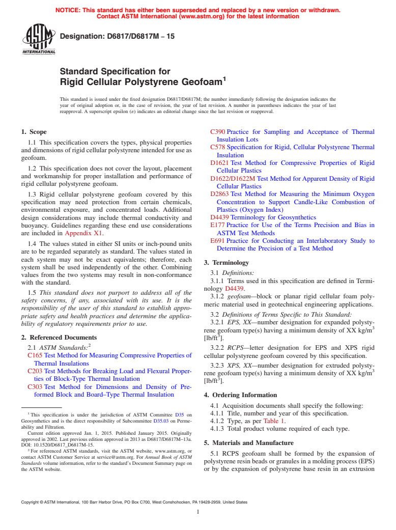 ASTM D6817/D6817M-15 - Standard Specification for Rigid Cellular Polystyrene Geofoam