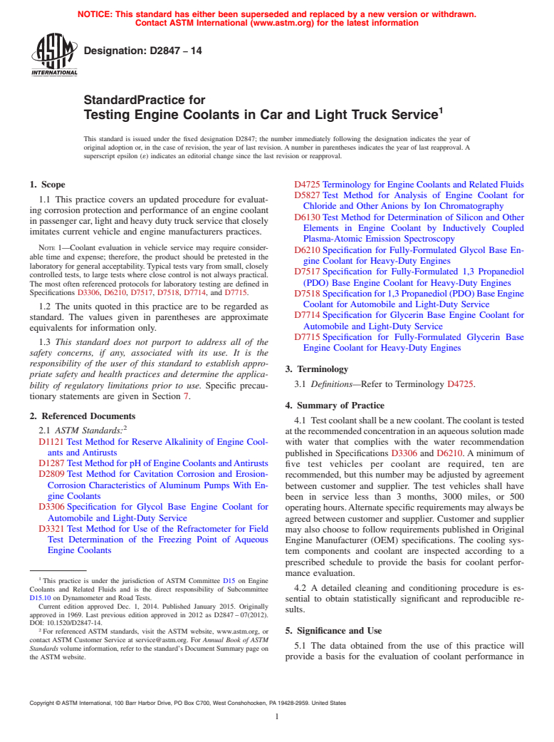 ASTM D2847-14 - Standard Practice for Testing Engine Coolants in Car and Light Truck Service
