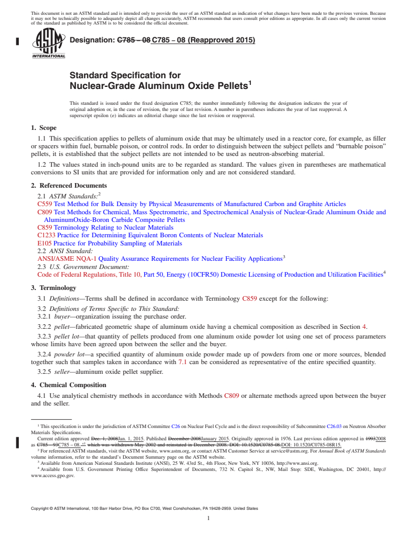 REDLINE ASTM C785-08(2015) - Standard Specification for  Nuclear-Grade Aluminum Oxide Pellets