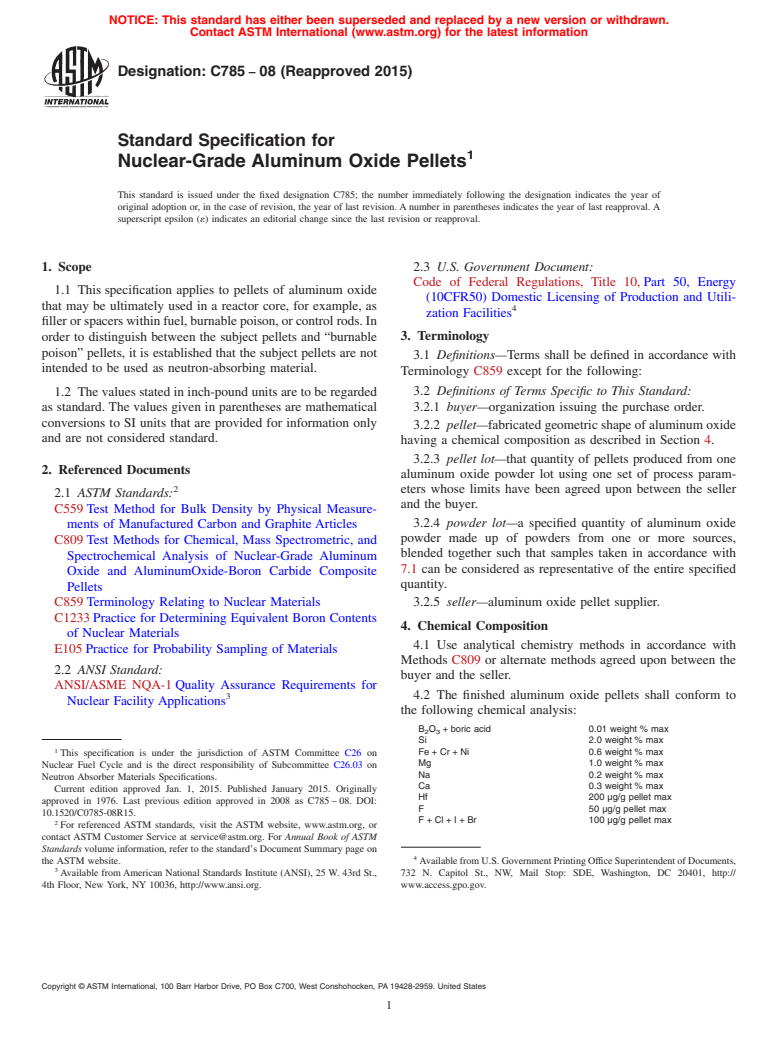 ASTM C785-08(2015) - Standard Specification for  Nuclear-Grade Aluminum Oxide Pellets