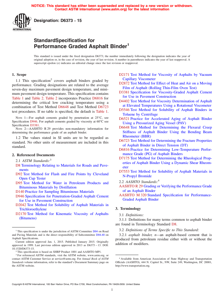 ASTM D6373-15 - Standard Specification for Performance Graded Asphalt Binder