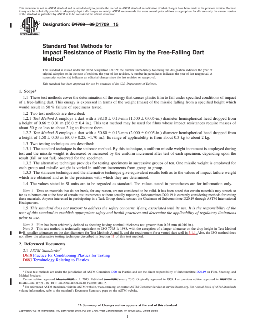 REDLINE ASTM D1709-15 - Standard Test Methods for Impact Resistance of Plastic Film by the Free-Falling Dart  Method