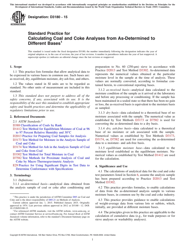 ASTM D3180-15 - Standard Practice for  Calculating Coal and Coke Analyses from As-Determined to Different  Bases