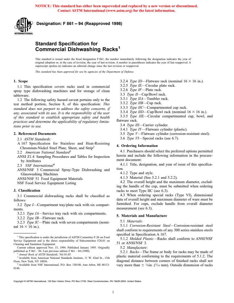 ASTM F861-94(1998) - Standard Specification for Commercial Dishwashing Racks