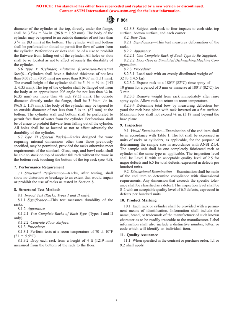 ASTM F861-94(1998) - Standard Specification for Commercial Dishwashing Racks