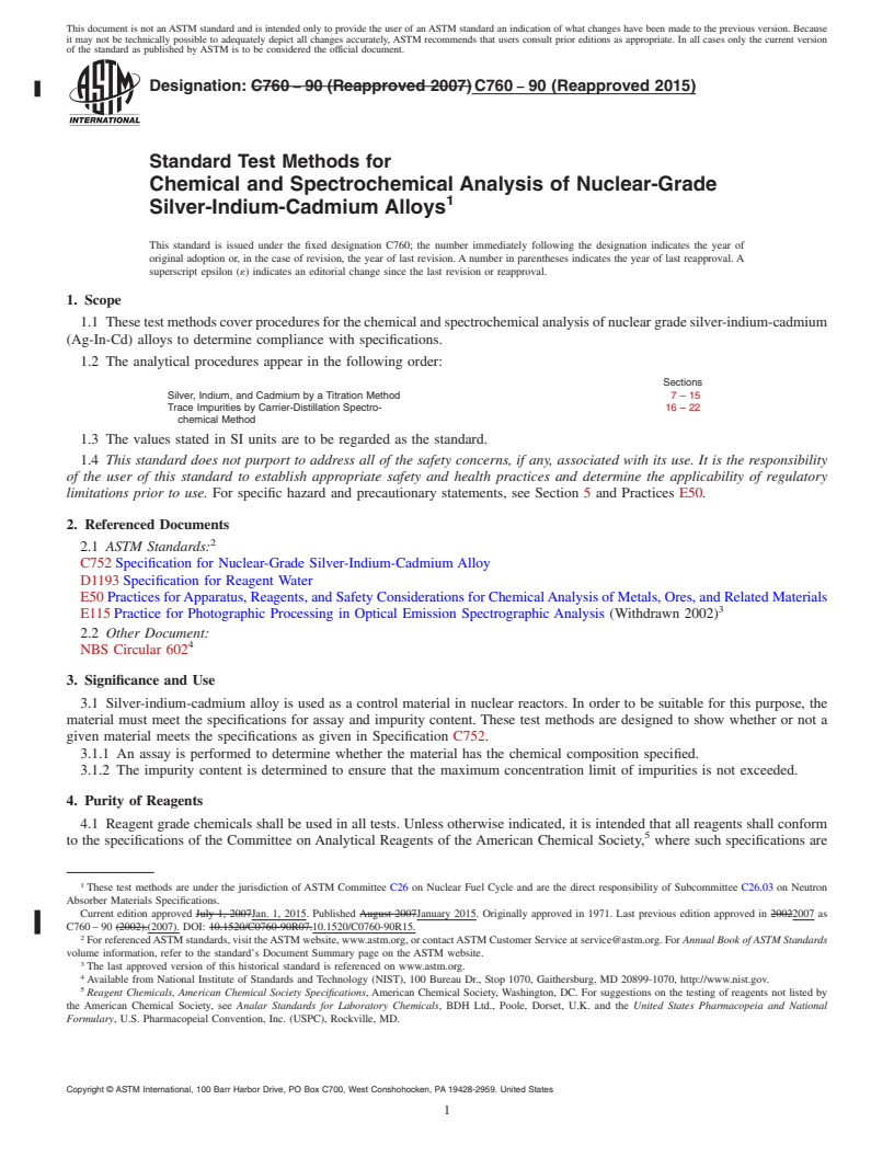 REDLINE ASTM C760-90(2015) - Standard Test Methods for  Chemical and Spectrochemical Analysis of Nuclear-Grade Silver-Indium-Cadmium  Alloys