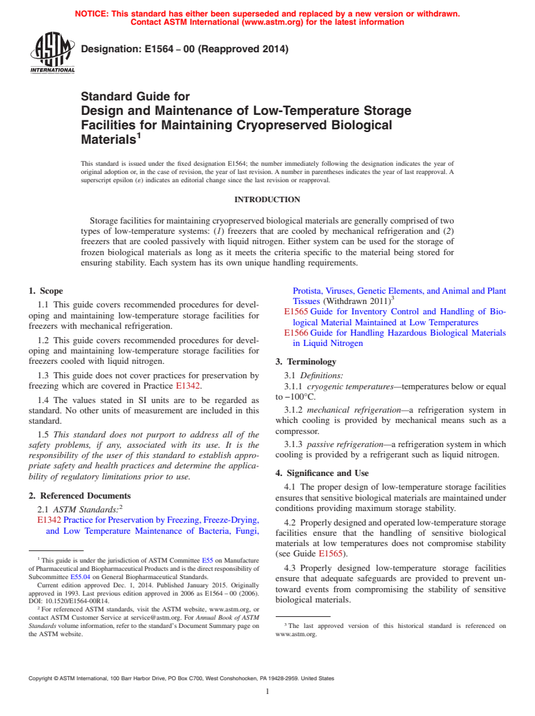 ASTM E1564-00(2014) - Standard Guide for  Design and Maintenance of Low-Temperature Storage Facilities  for Maintaining Cryopreserved Biological Materials