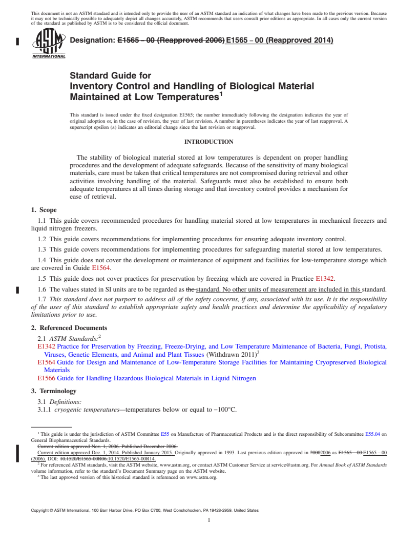 REDLINE ASTM E1565-00(2014) - Standard Guide for  Inventory Control and Handling of Biological Material Maintained  at Low Temperatures