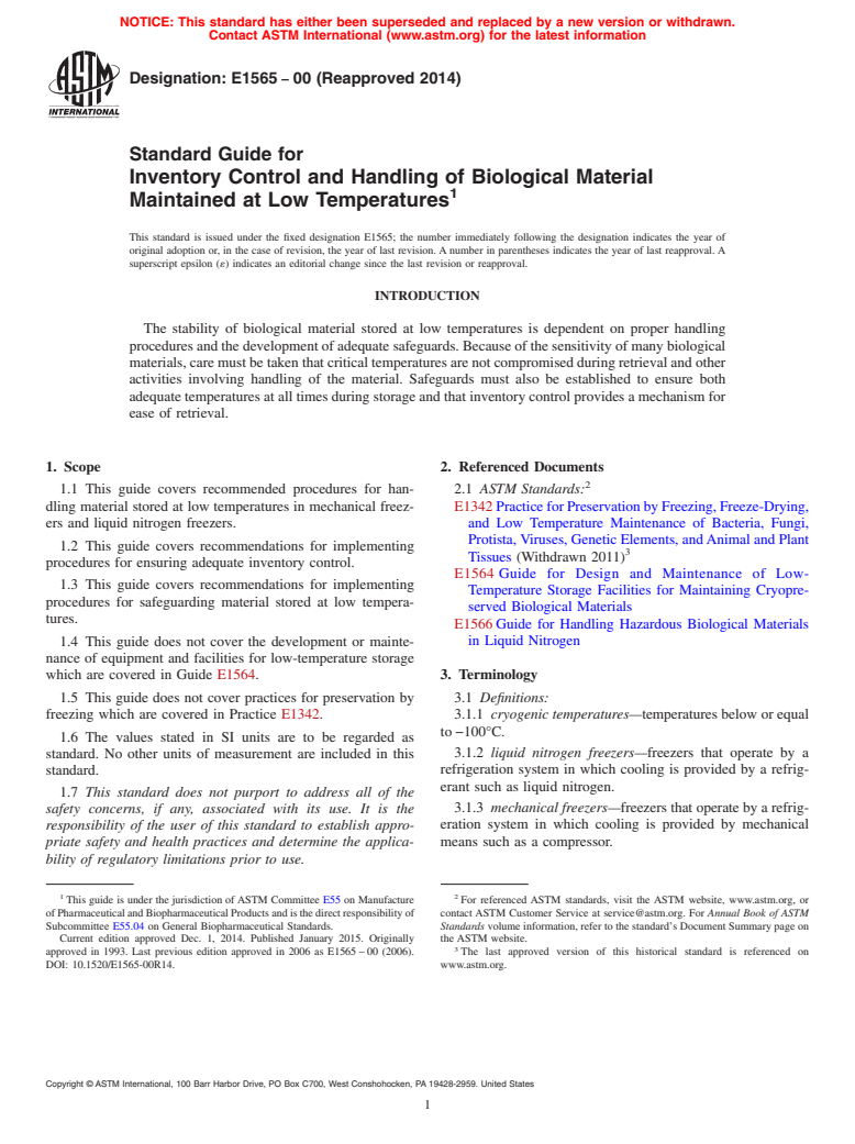 ASTM E1565-00(2014) - Standard Guide for  Inventory Control and Handling of Biological Material Maintained  at Low Temperatures