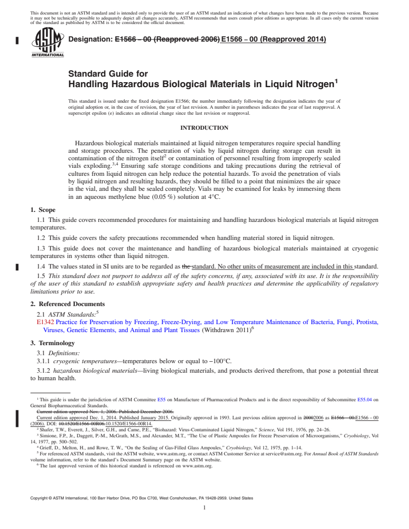 REDLINE ASTM E1566-00(2014) - Standard Guide for  Handling Hazardous Biological Materials in Liquid Nitrogen