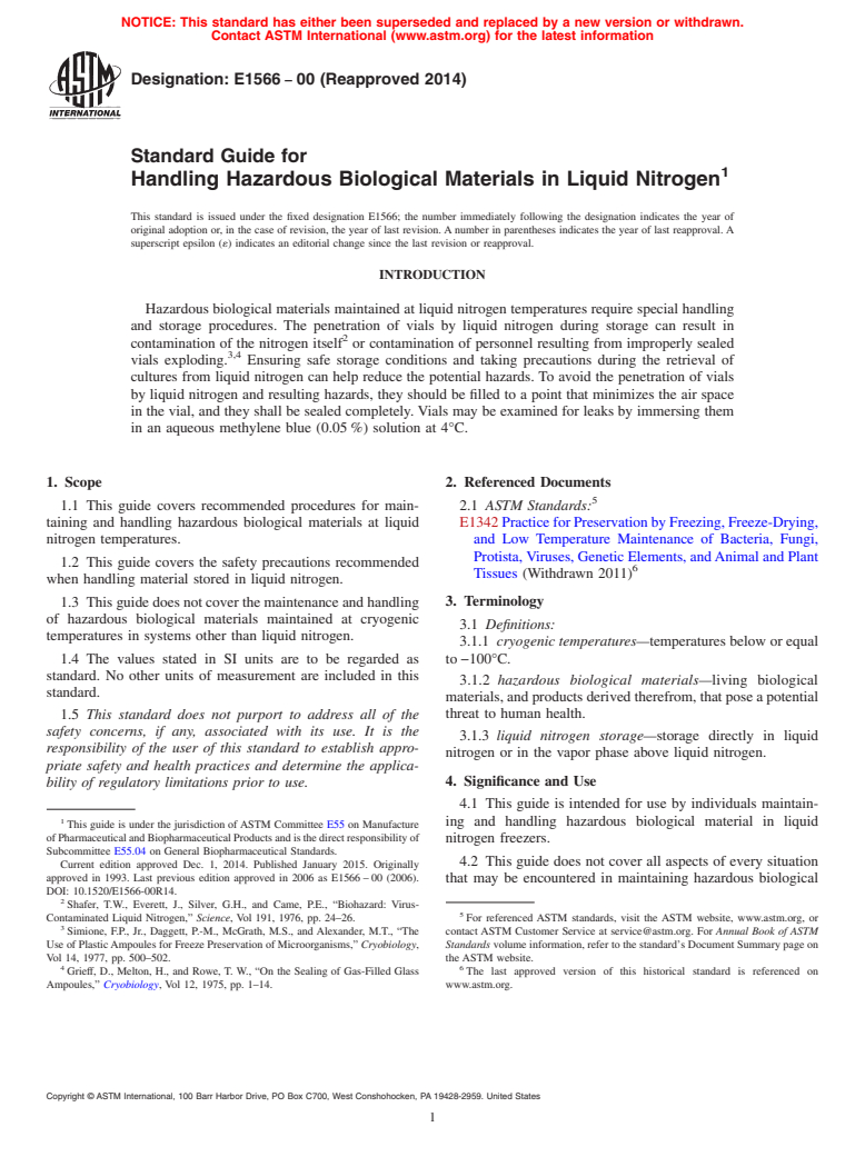 ASTM E1566-00(2014) - Standard Guide for  Handling Hazardous Biological Materials in Liquid Nitrogen