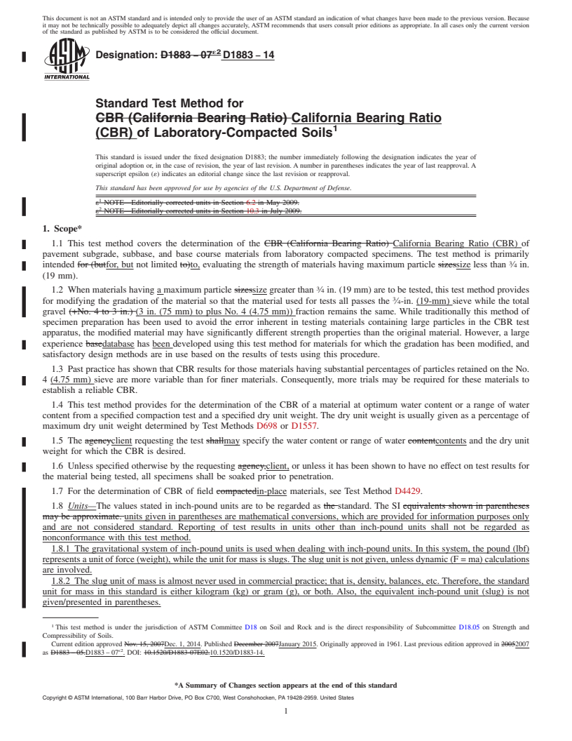REDLINE ASTM D1883-14 - Standard Test Method for California Bearing Ratio (CBR) of Laboratory-Compacted Soils