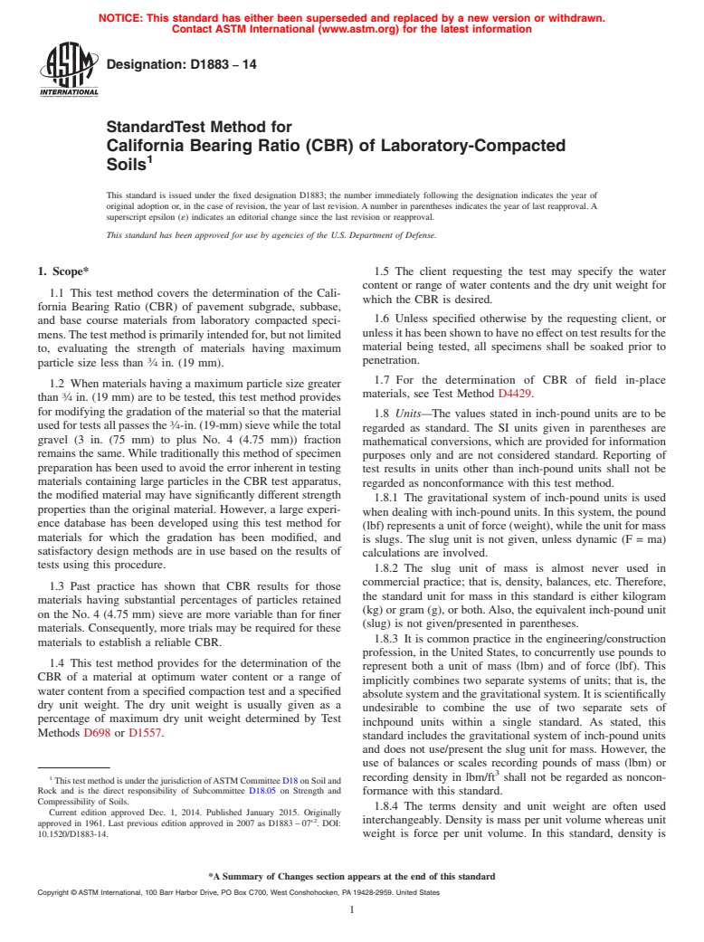 ASTM D1883-14 - Standard Test Method for California Bearing Ratio (CBR) of Laboratory-Compacted Soils