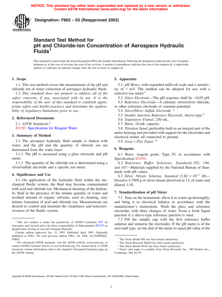 ASTM F862-93(2002) - Standard Test Method for pH and Chloride-ion Concentration of Aerospace Hydraulic Fluids (Withdrawn 2011)