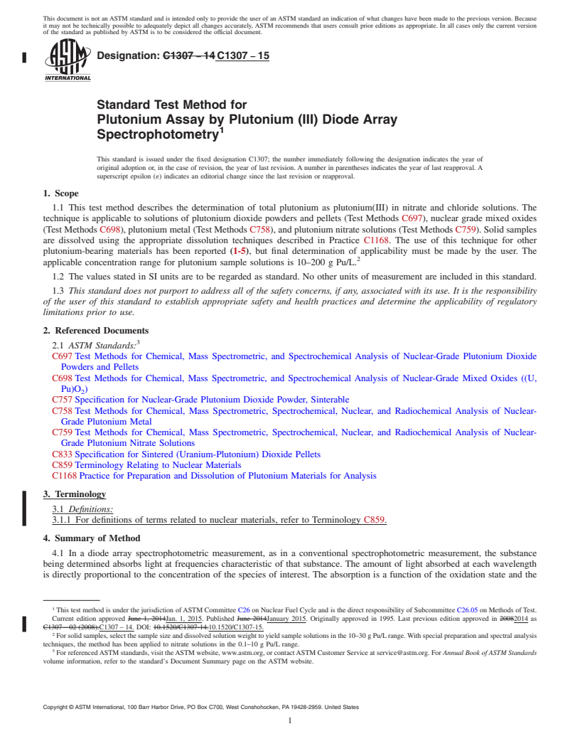 REDLINE ASTM C1307-15 - Standard Test Method for  Plutonium Assay by Plutonium (III) Diode Array Spectrophotometry