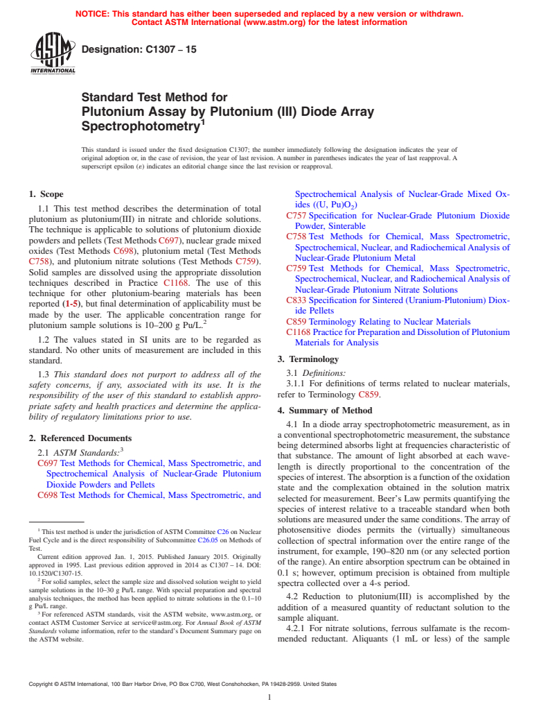 ASTM C1307-15 - Standard Test Method for  Plutonium Assay by Plutonium (III) Diode Array Spectrophotometry