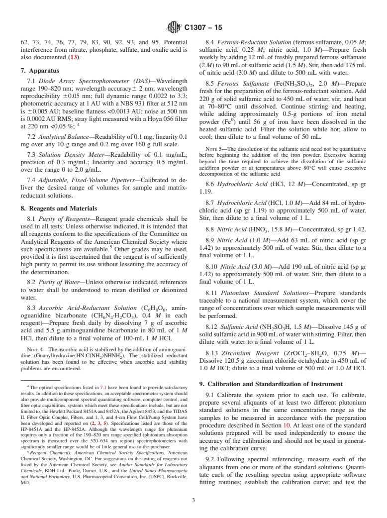 ASTM C1307-15 - Standard Test Method for  Plutonium Assay by Plutonium (III) Diode Array Spectrophotometry