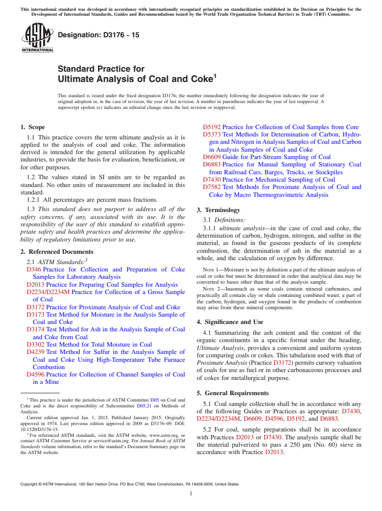 ASTM D3176-15 - Standard Practice for  Ultimate Analysis of Coal and Coke