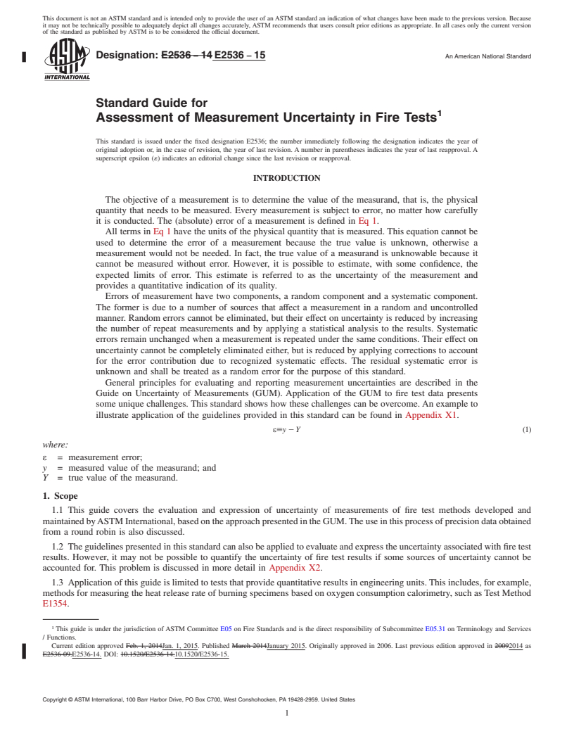 REDLINE ASTM E2536-15 - Standard Guide for  Assessment of Measurement Uncertainty in Fire Tests