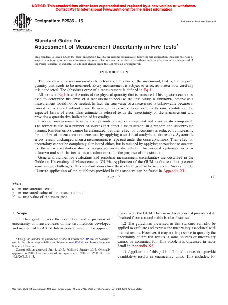 ASTM E2536-15 - Standard Guide for  Assessment of Measurement Uncertainty in Fire Tests