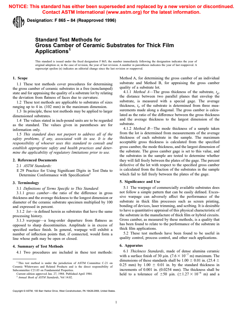 ASTM F865-84(1996) - Test Methods for Gross Camber of Ceramic Substrates for Thick Film Applications (Withdrawn 2001)