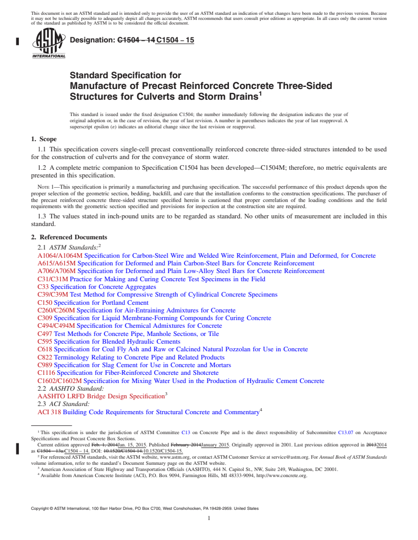 REDLINE ASTM C1504-15 - Standard Specification for  Manufacture of Precast Reinforced Concrete Three-Sided Structures  for Culverts and Storm Drains