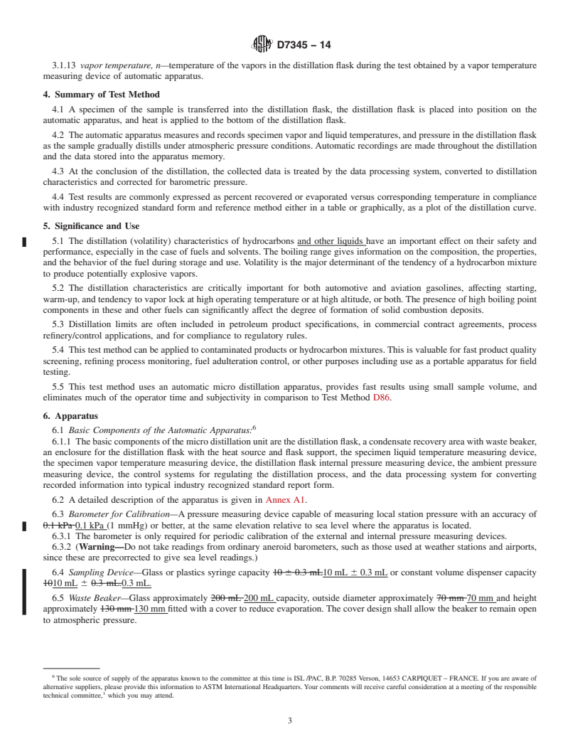 REDLINE ASTM D7345-14 - Standard Test Method for  Distillation of Petroleum Products and Liquid Fuels at Atmospheric  Pressure (Micro Distillation Method)