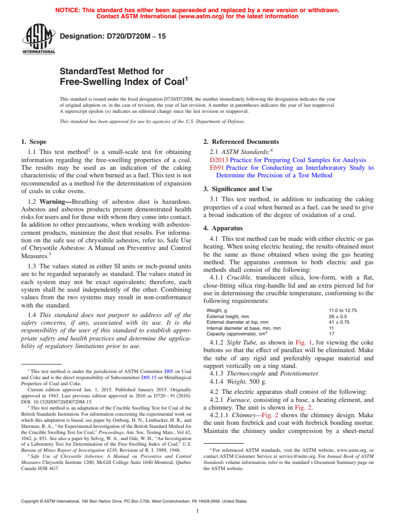 ASTM D720/D720M-15 - Standard Test Method for  Free-Swelling Index of Coal