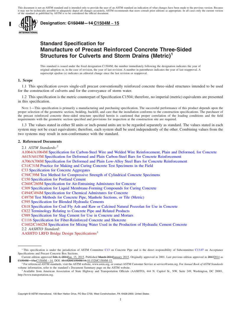 REDLINE ASTM C1504M-15 - Standard Specification for  Manufacture of Precast Reinforced Concrete Three-Sided Structures  for Culverts and Storm Drains (Metric)