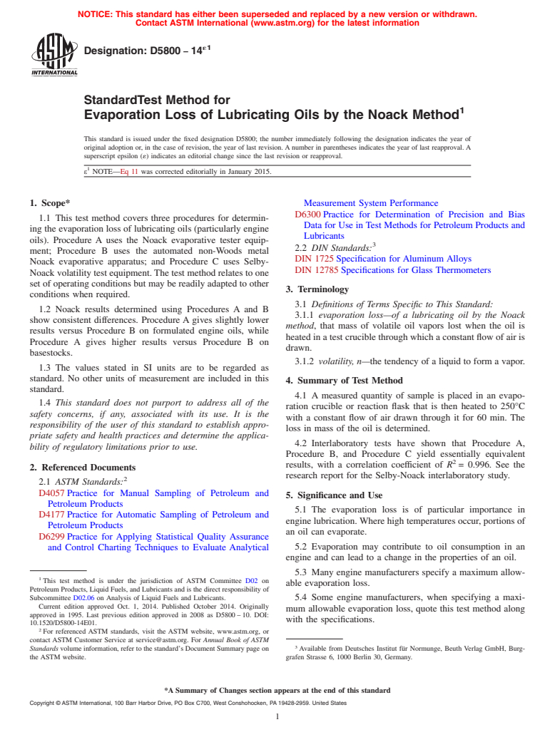 ASTM D5800-14e1 - Standard Test Method for  Evaporation Loss of Lubricating Oils by the Noack Method