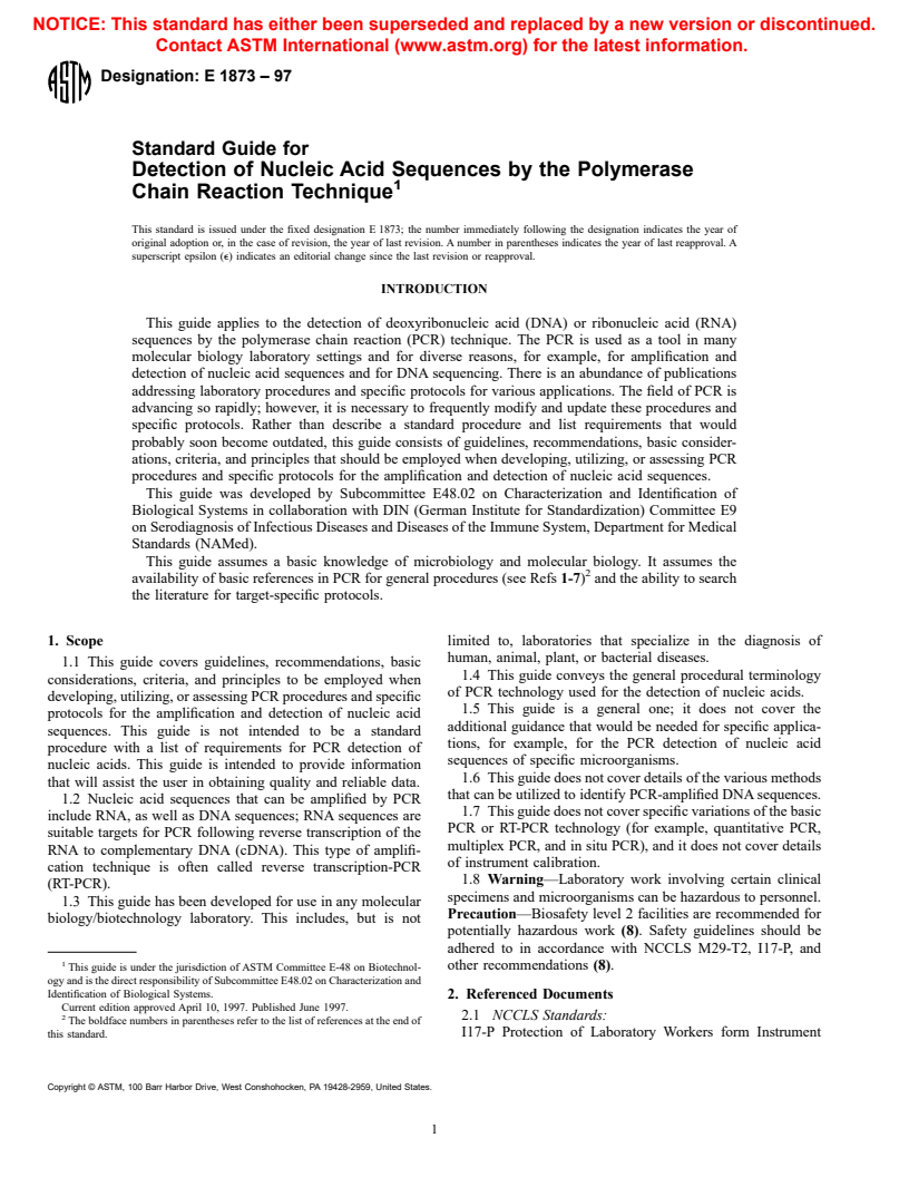 ASTM E1873-97 - Standard Guide for Detection of Nucleic Acid Sequences by the Polymerase Chain Reaction Technique