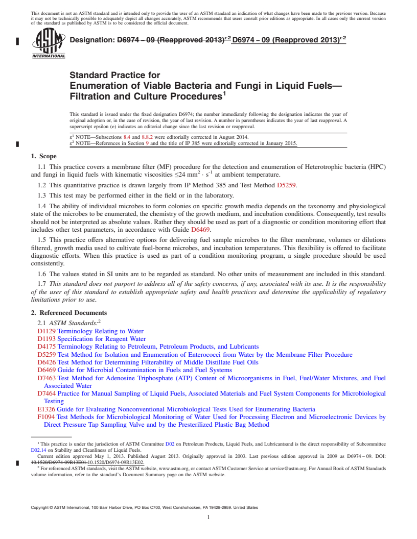 REDLINE ASTM D6974-09(2013)e2 - Standard Practice for  Enumeration of Viable Bacteria and Fungi in Liquid Fuels&mdash;Filtration  and Culture Procedures