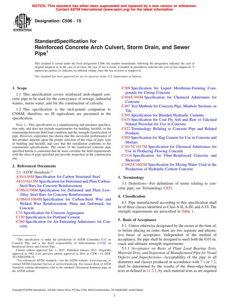 ASTM C506-15 - Standard Specification for  Reinforced Concrete Arch Culvert, Storm Drain, and Sewer Pipe