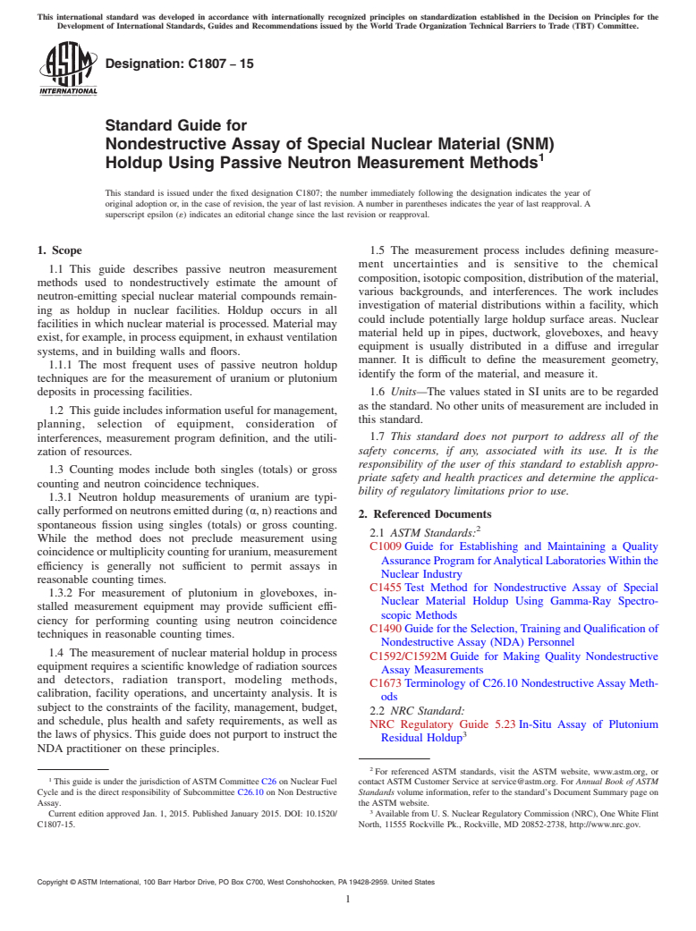 ASTM C1807-15 - Standard Guide for Nondestructive Assay of Special Nuclear Material (SNM) Holdup  Using Passive Neutron Measurement Methods