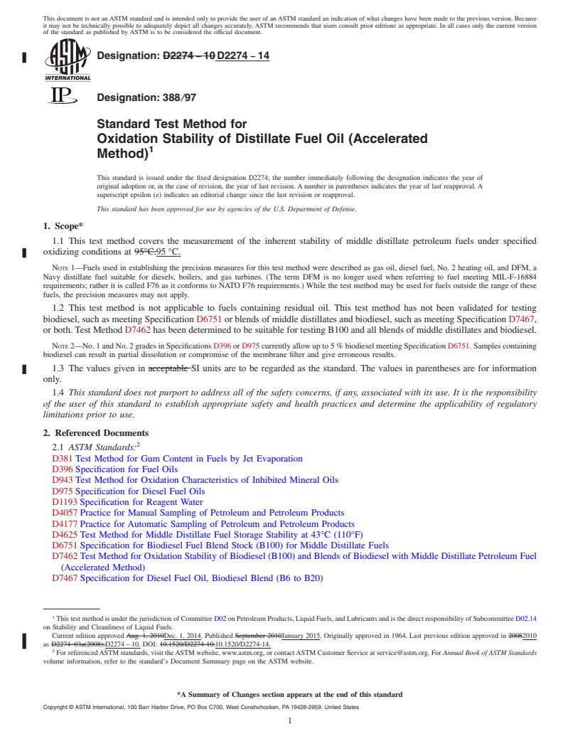 REDLINE ASTM D2274-14 - Standard Test Method for  Oxidation Stability of Distillate Fuel Oil (Accelerated Method)